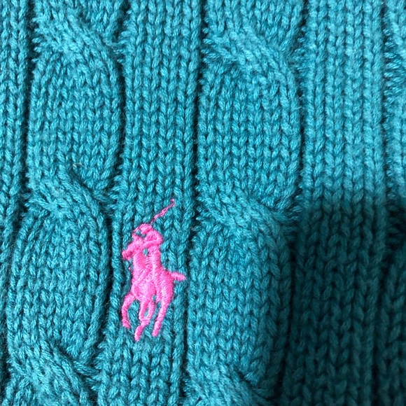 Ralph Lauren sport teal cable knit sweater pink pony womens L vintage preppy - Picture 4 of 9